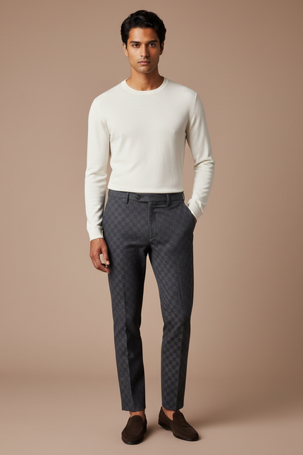 Pantalon Chino Gris Carreaux Élégant Slim Homme - Laine