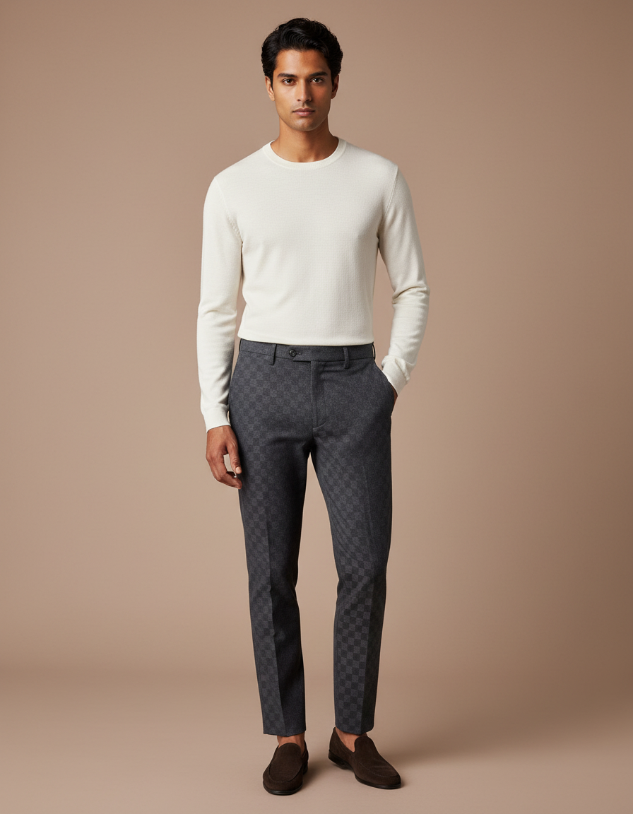 Pantalon Chino Gris Carreaux Élégant Slim Homme - Laine