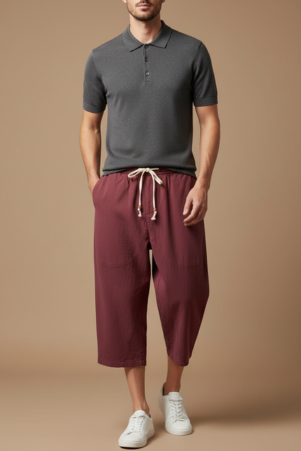 Pantalon Chino Homme Ample Lin Coton Court Bordeaux