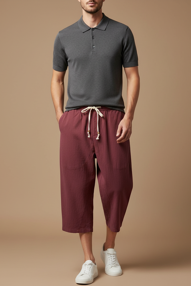 Pantalon Chino Homme Ample Lin Coton Court Bordeaux