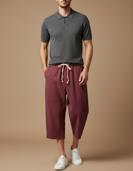 Pantalon Chino Homme Ample Lin Coton Court Bordeaux