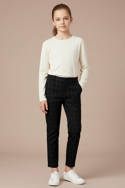 Pantalon Chino Noir Carreaux Slim Fille Élégant - Polyester