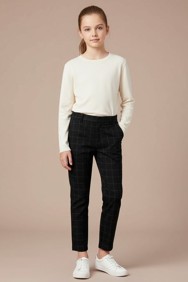 Pantalon Chino Noir Carreaux Slim Fille Élégant - Polyester