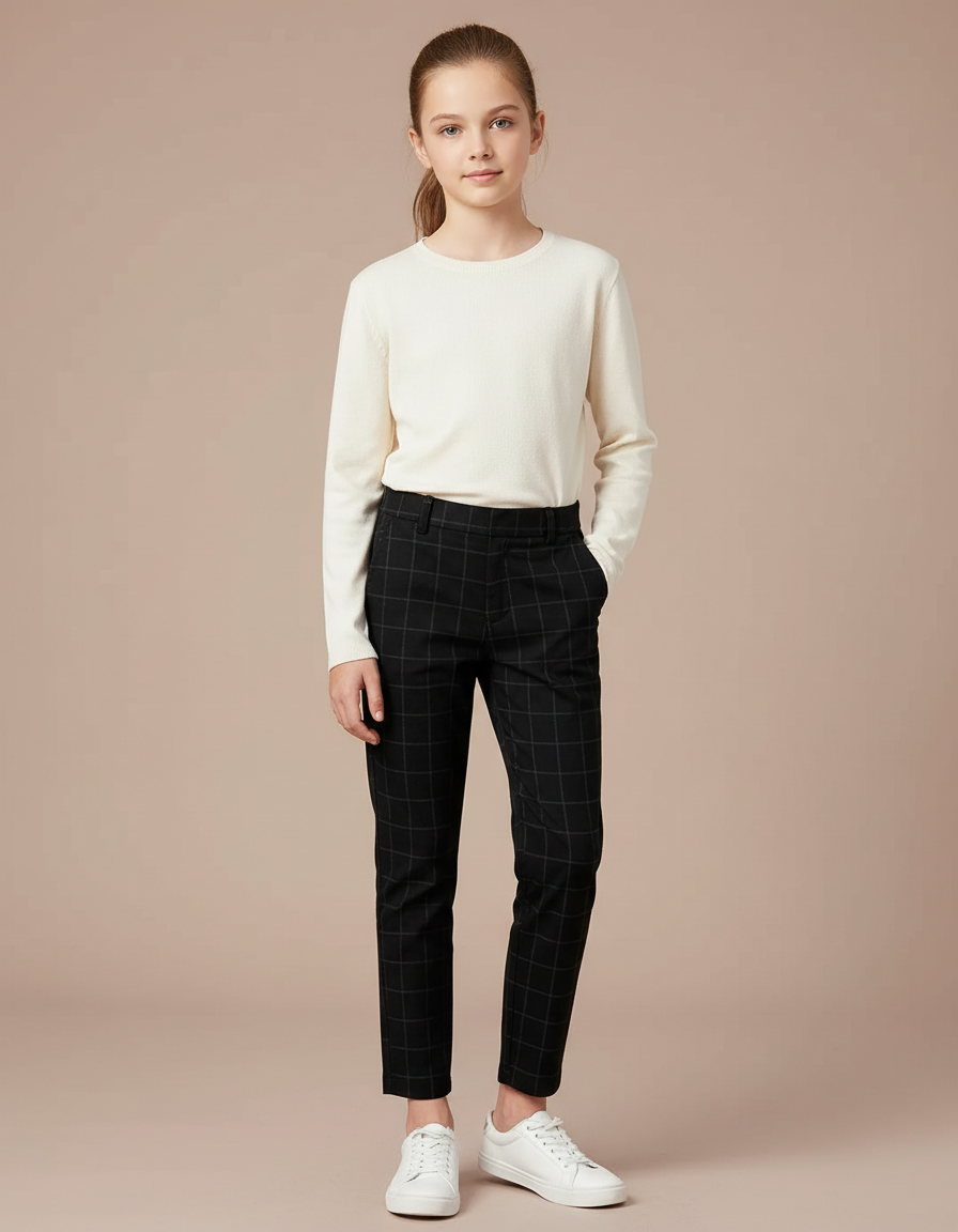 Pantalon Chino Noir Carreaux Slim Fille Élégant - Polyester