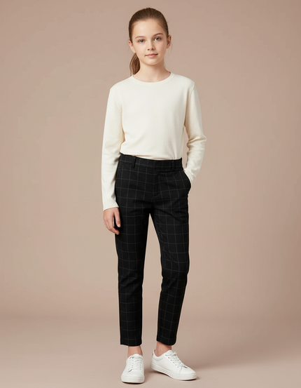 Pantalon Chino Noir Carreaux Slim Fille Élégant - Polyester
