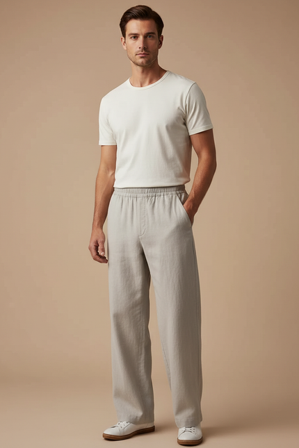 Pantalon Chino Homme Lin Gris Ample Décontracté