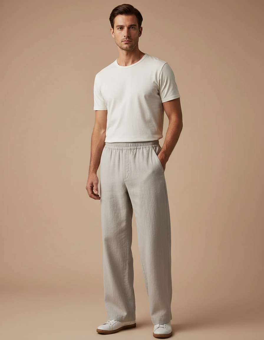 Pantalon Chino Homme Lin Gris Ample Décontracté