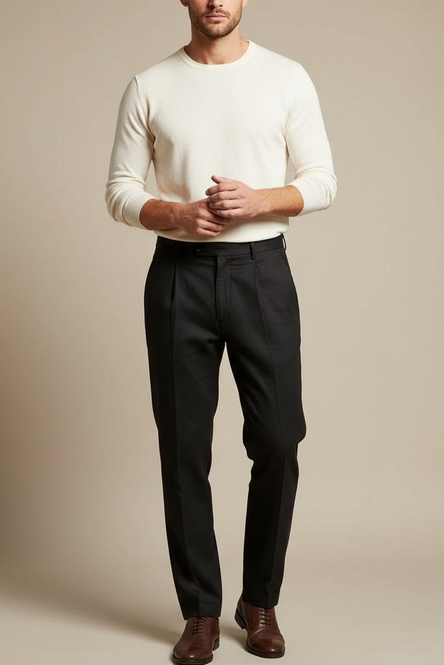 Pantalon Chino Noir Plissé Droit Homme Élégant - Gabardine