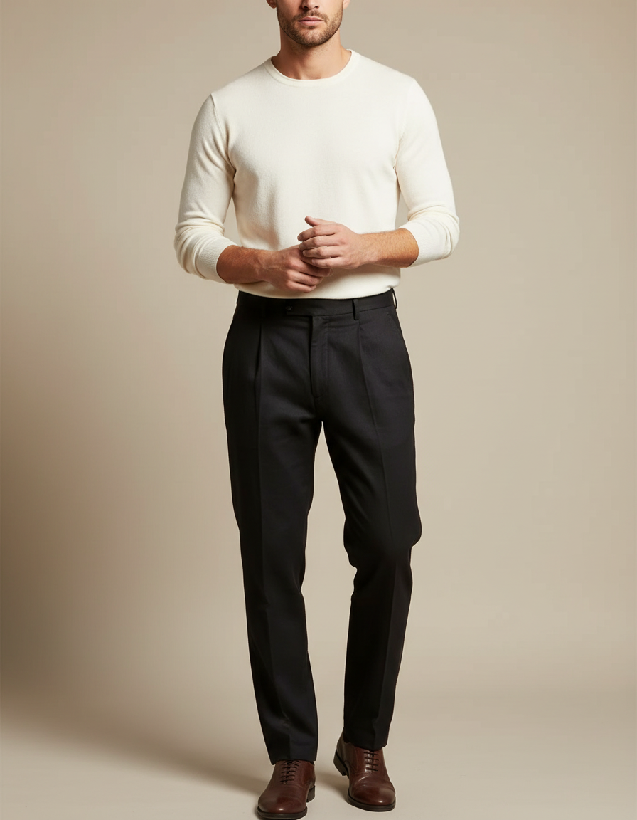 Pantalon Chino Noir Plissé Droit Homme Élégant - Gabardine