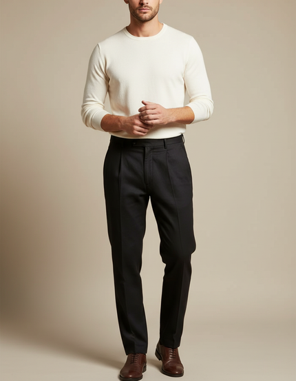 Pantalon Chino Noir Plissé Droit Homme Élégant - Gabardine