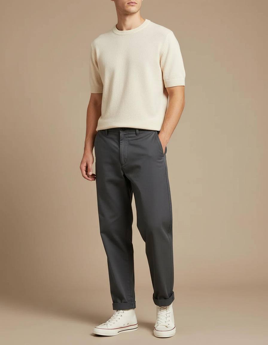 Pantalon Chino Gris Anthracite Coton Décontracté Droit Homme