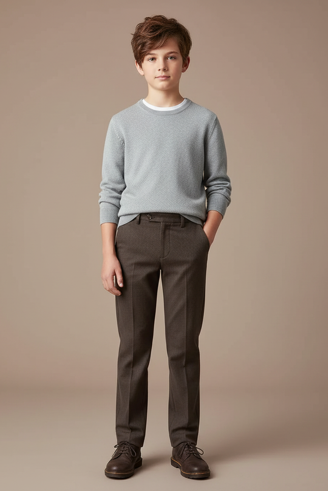 Pantalon Chino Marron Texturé Coupe Droite Garçon - Gabardine