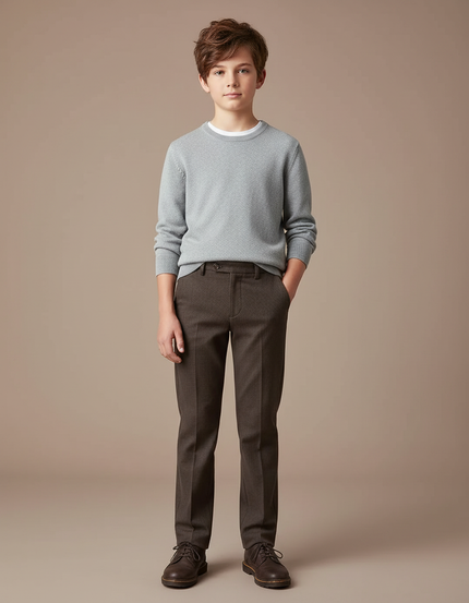Pantalon Chino Marron Texturé Coupe Droite Garçon - Gabardine
