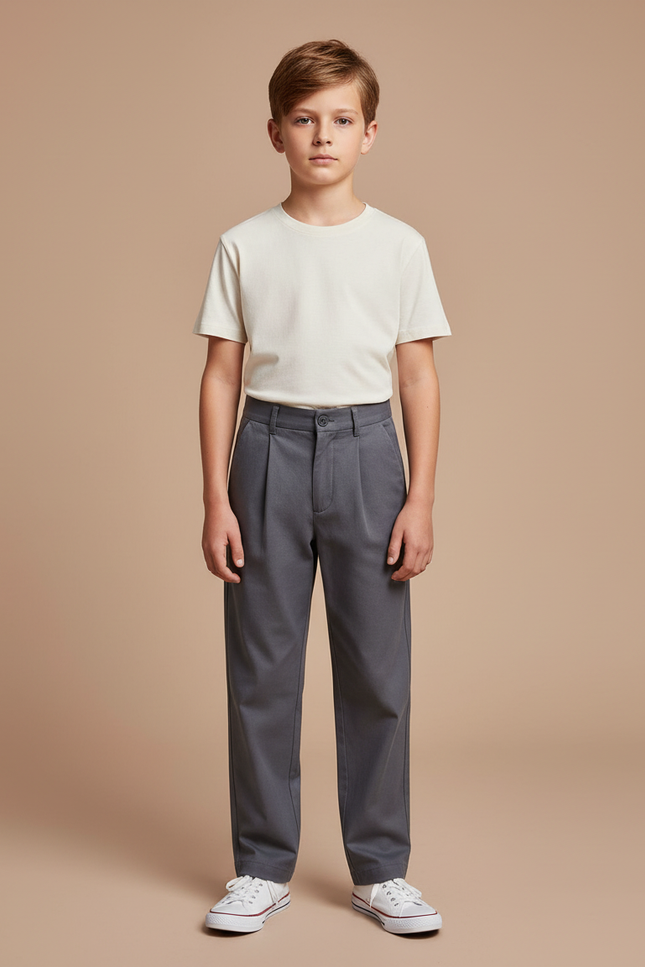 Pantalon Chino Gris Plissé Droit Décontracté Enfant - Gabardine
