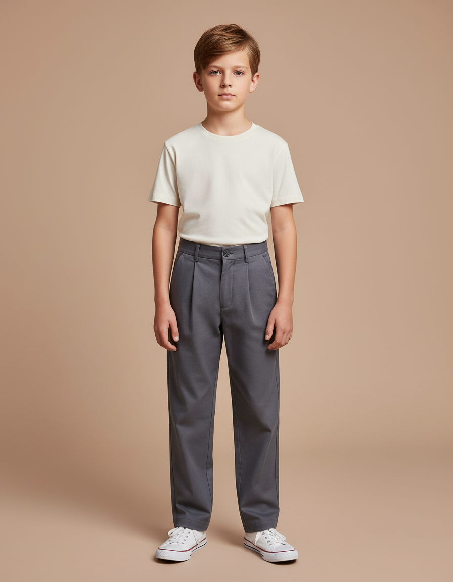 Pantalon Chino Gris Plissé Droit Décontracté Enfant - Gabardine