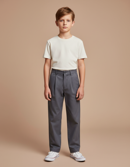 Pantalon Chino Gris Plissé Droit Décontracté Enfant - Gabardine