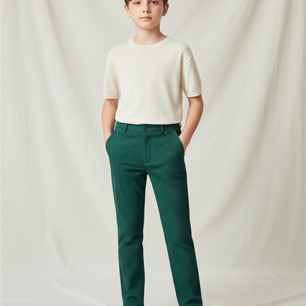 Pantalon Chino Vert Texturé Slim Garçon Élégant - Maille