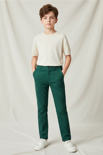 Pantalon Chino Vert Texturé Slim Garçon Élégant - Maille