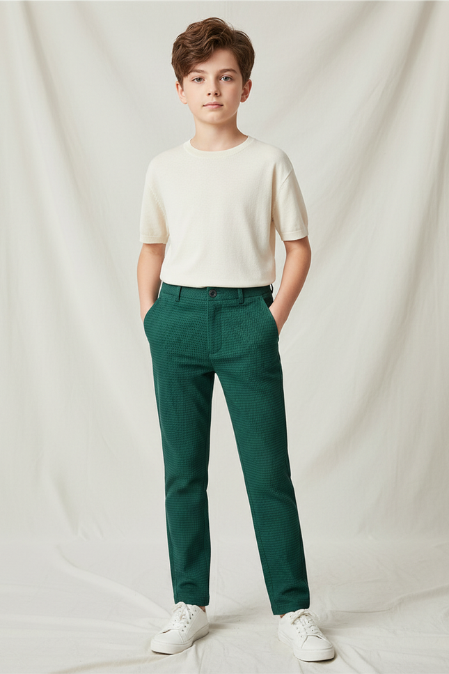 Pantalon Chino Vert Texturé Slim Garçon Élégant - Maille