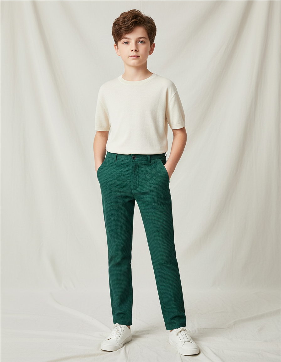 Pantalon Chino Vert Texturé Slim Garçon Élégant - Maille