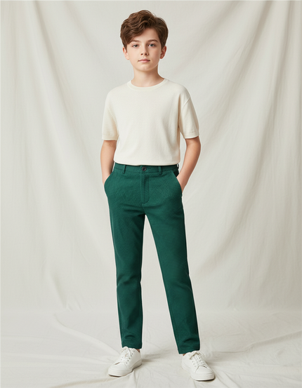 Pantalon Chino Vert Texturé Slim Garçon Élégant - Maille