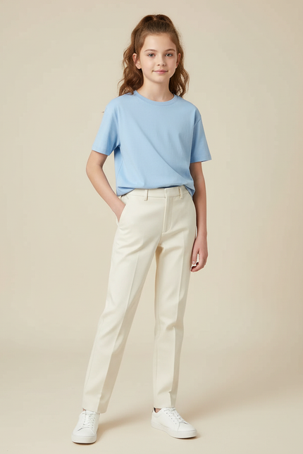Pantalon Chino Crème Droit Classique Élégant Fille - Beige Gabardine
