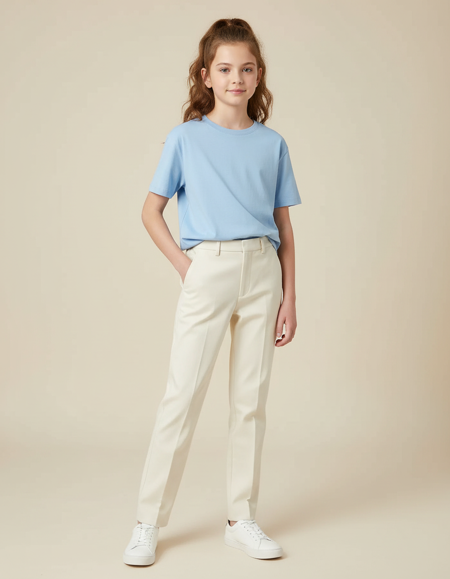 Pantalon Chino Crème Droit Classique Élégant Fille - Beige Gabardine