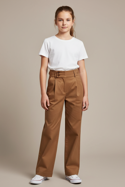 Pantalon Chino Marron Ample Plissé Élégant Enfant - Gabardine