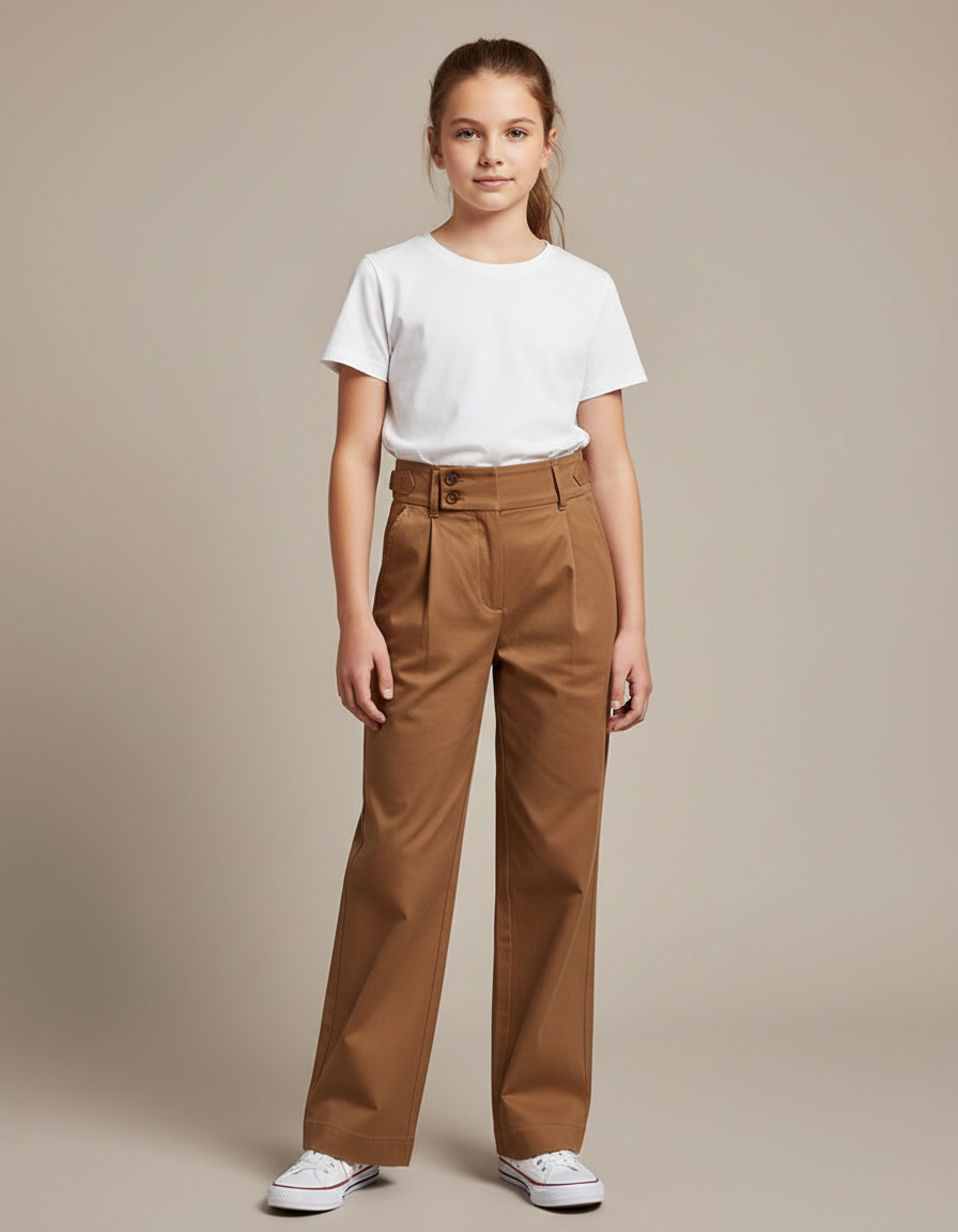 Pantalon Chino Marron Ample Plissé Élégant Enfant - Gabardine