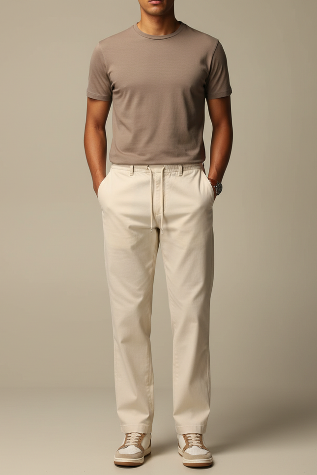Pantalon Chino Beige Coton Droit Cordon Décontracté