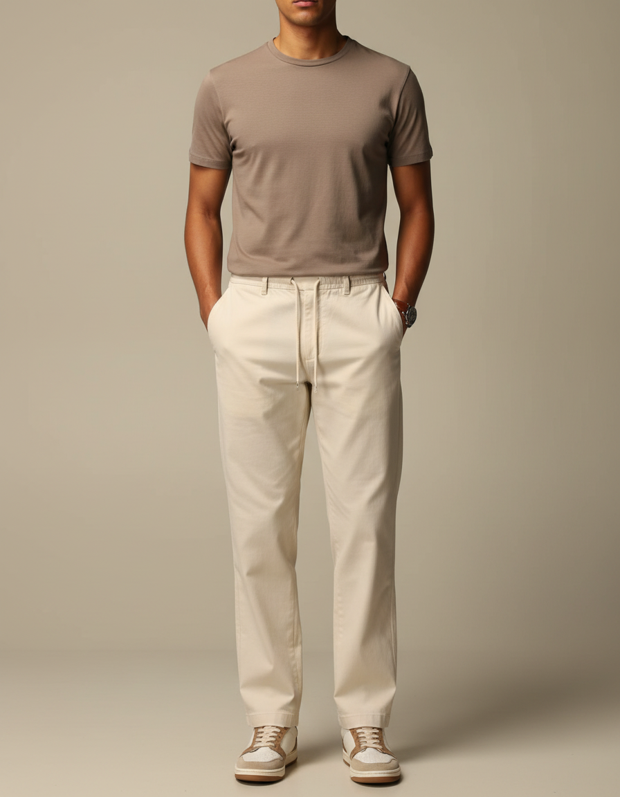 Pantalon Chino Beige Coton Droit Cordon Décontracté