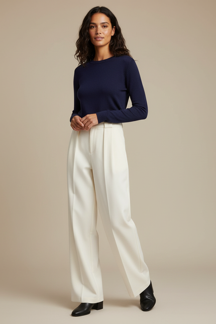 Pantalon Chino Écru Taille Haute Ample Élégant - Blanc Gabardine