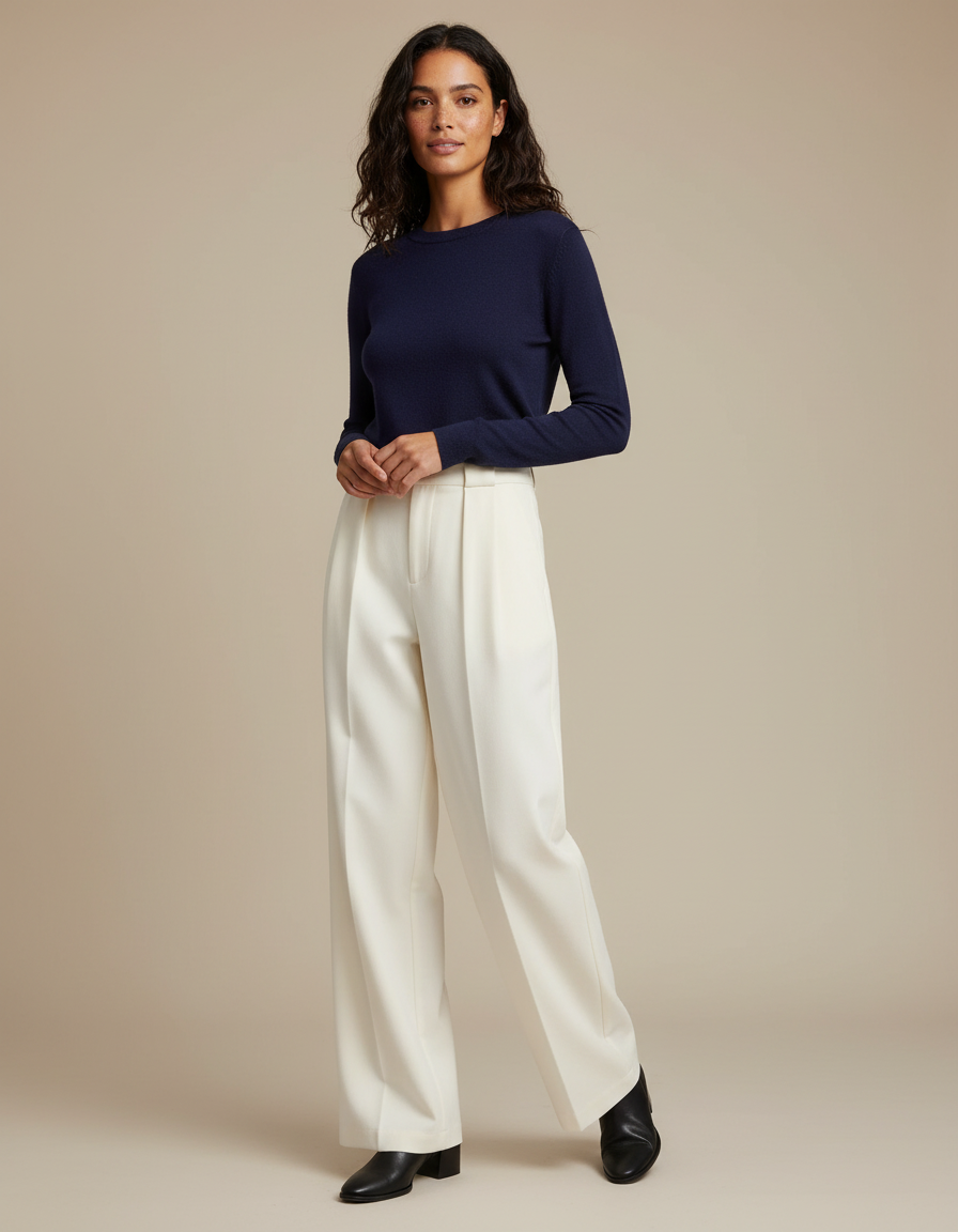 Pantalon Chino Écru Taille Haute Ample Élégant - Blanc Gabardine