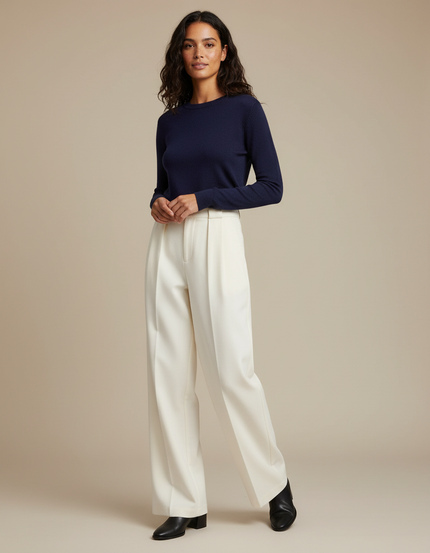 Pantalon Chino Écru Taille Haute Ample Élégant - Blanc Gabardine