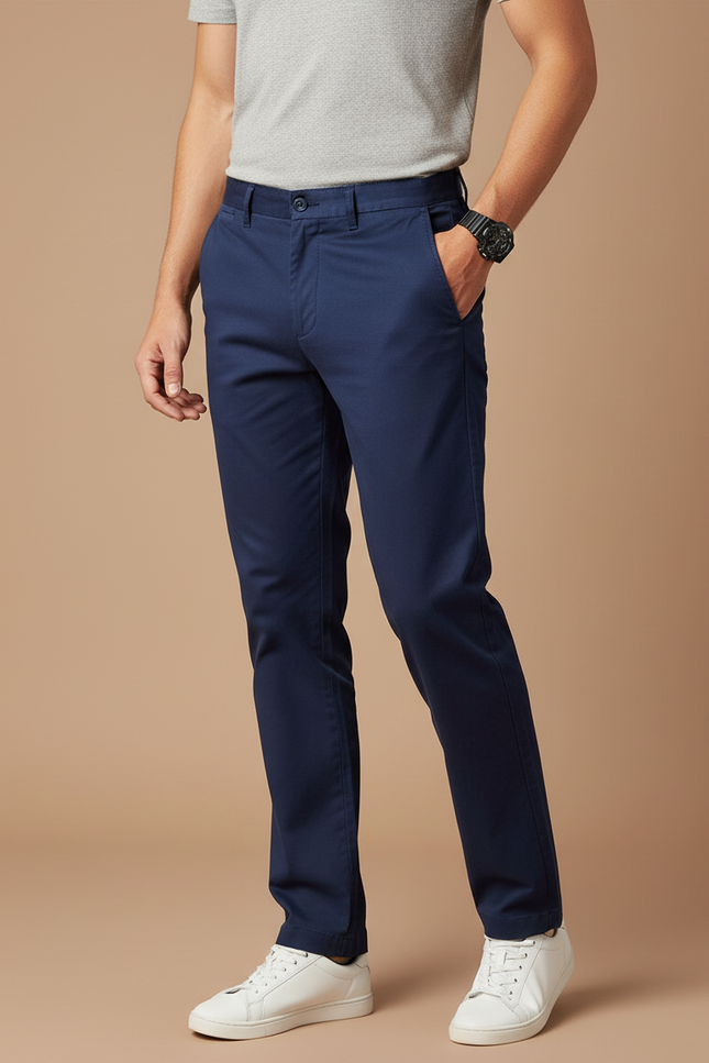 Pantalon Chino Bleu Marine Coton Coupe Droite Décontracté