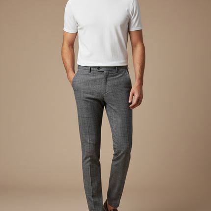 Pantalon Chino Gris Carreaux Slim Élégant Habillé Homme - Laine