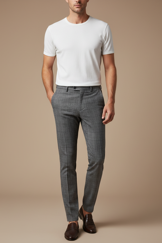 Pantalon Chino Gris Carreaux Slim Élégant Habillé Homme - Laine