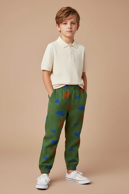 Pantalon Chino Vert Motif Nuages Coton Ample Enfant