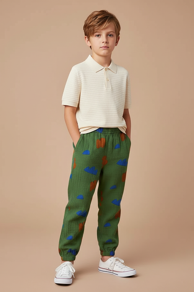 Pantalon Chino Vert Motif Nuages Coton Ample Enfant