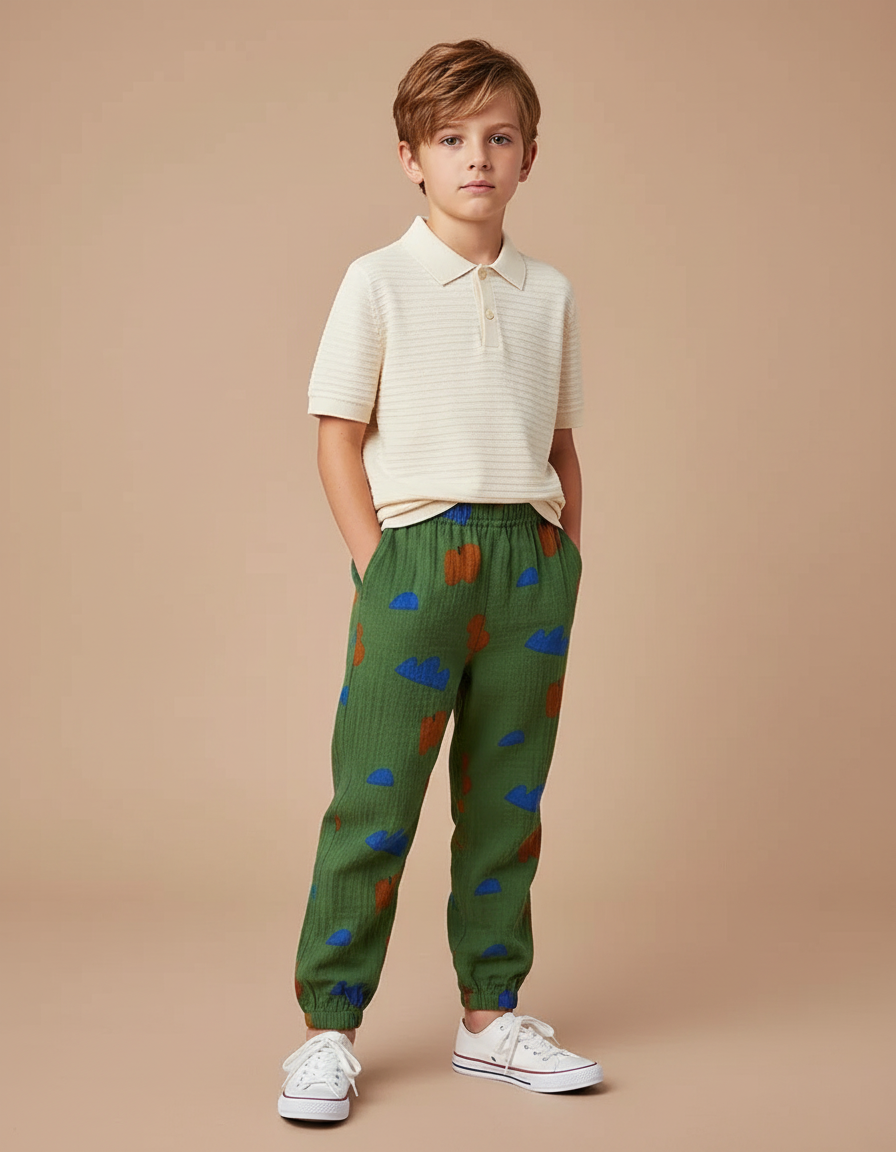 Pantalon Chino Vert Motif Nuages Coton Ample Enfant