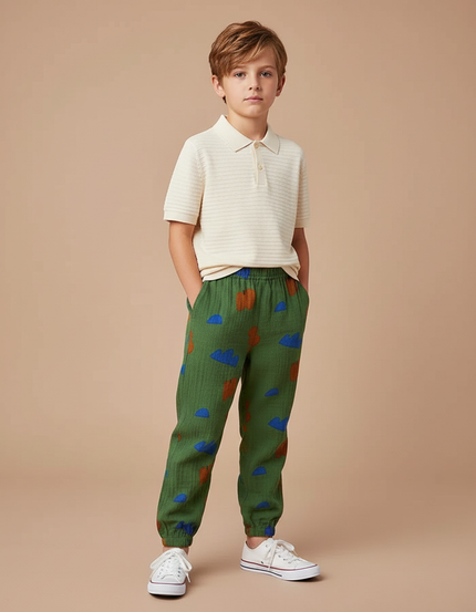 Pantalon Chino Vert Motif Nuages Coton Ample Enfant