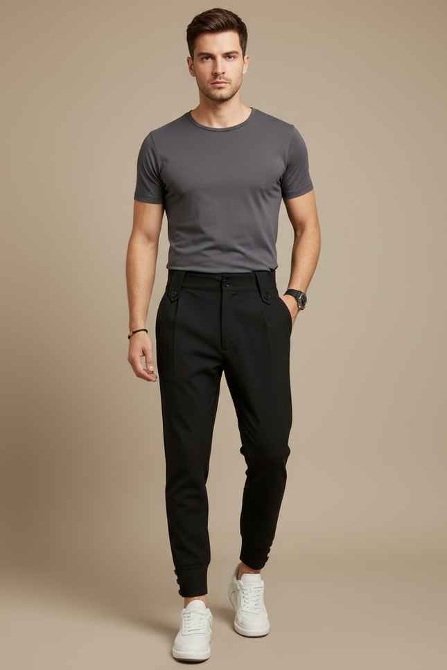 Pantalon Chino Noir Plissé Homme Élégant Ajusté - Polyester