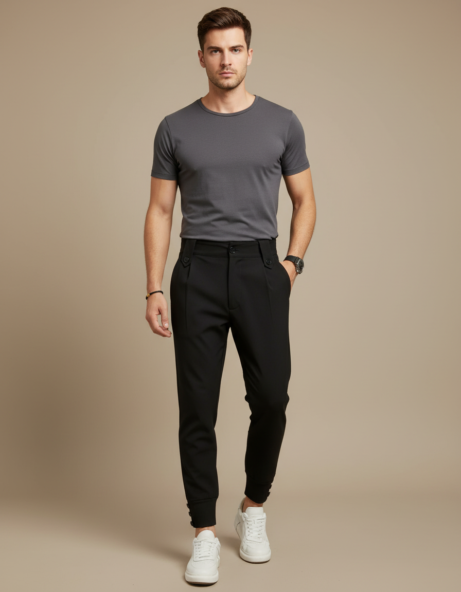 Pantalon Chino Noir Plissé Homme Élégant Ajusté - Polyester