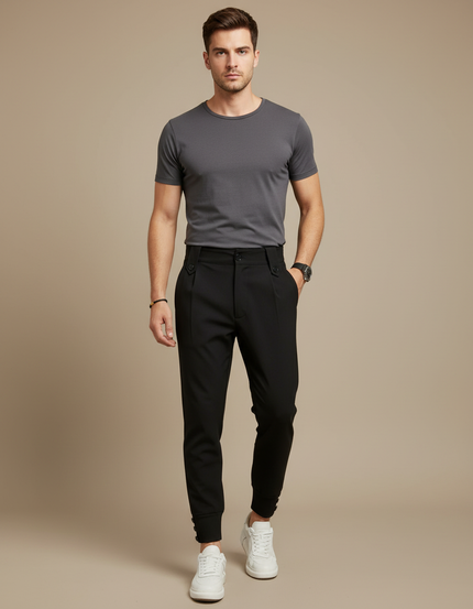Pantalon Chino Noir Plissé Homme Élégant Ajusté - Polyester