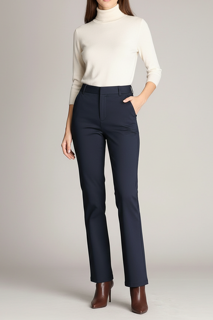 Pantalon Chino Bleu Marine Droit Élastique Élégant Femme - Gabardine
