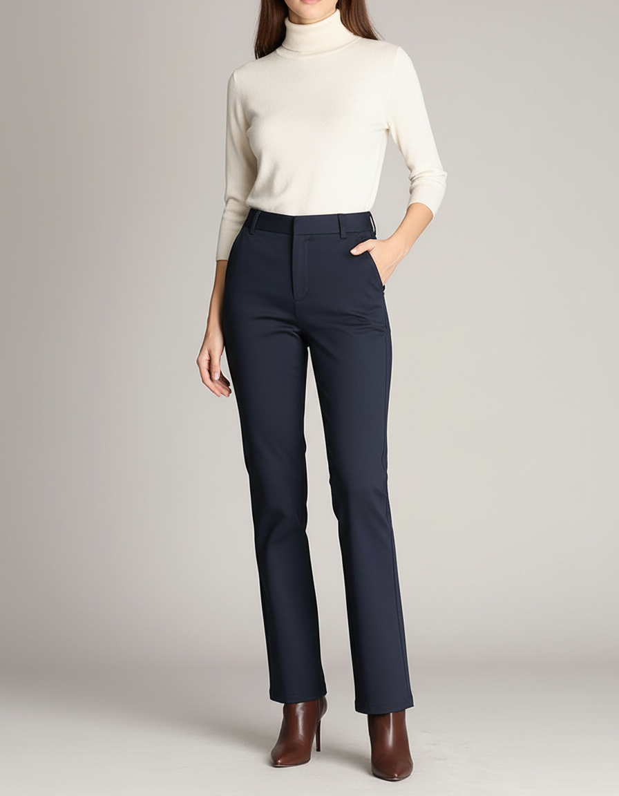 Pantalon Chino Bleu Marine Droit Élastique Élégant Femme - Gabardine