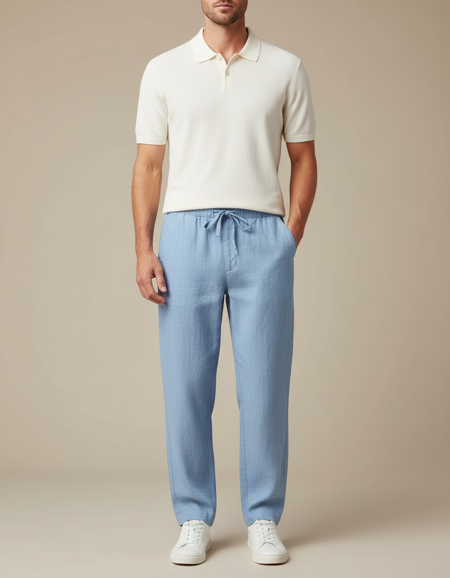 Pantalon Chino Bleu Ciel Lin Cordon Décontracté Homme