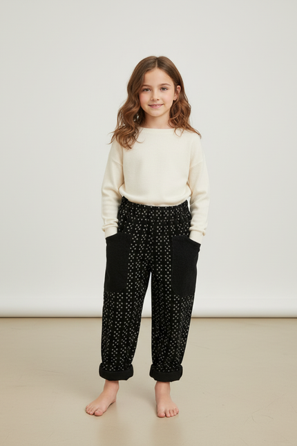 Pantalon Chino Noir Imprimé Ample Décontracté Enfant - Molleton