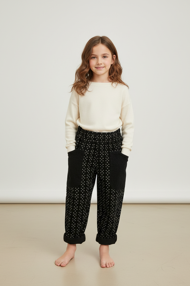 Pantalon Chino Noir Imprimé Ample Décontracté Enfant - Molleton