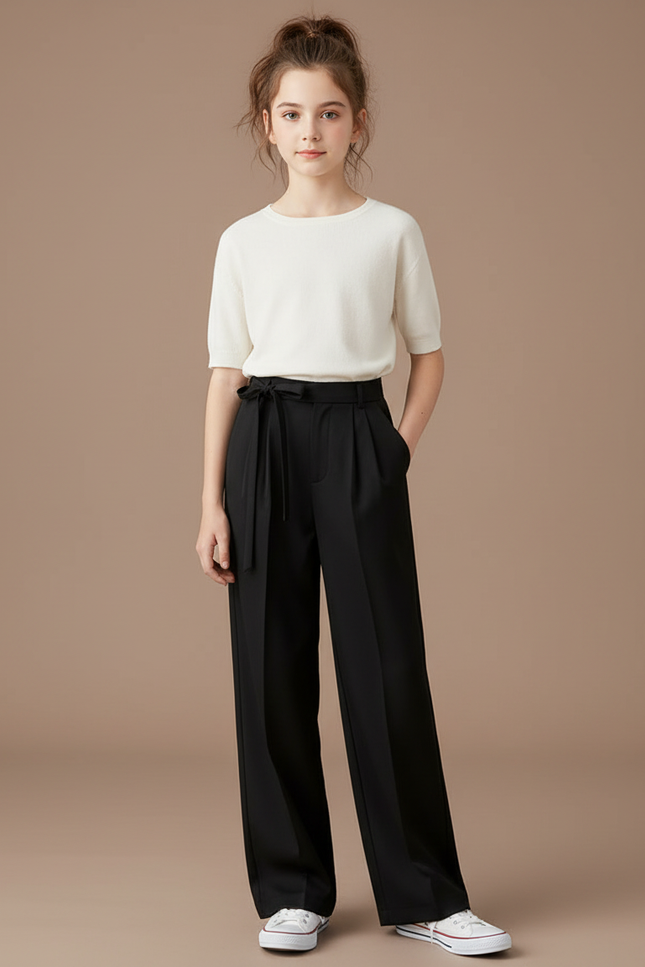 Pantalon Chino Noir Ample Fluide Cordon Élégant - Polyester